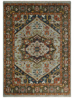 Blue and Brown Traditional Antique look Heriz Serapi Hand Knotted Custom Made wool Area Rug