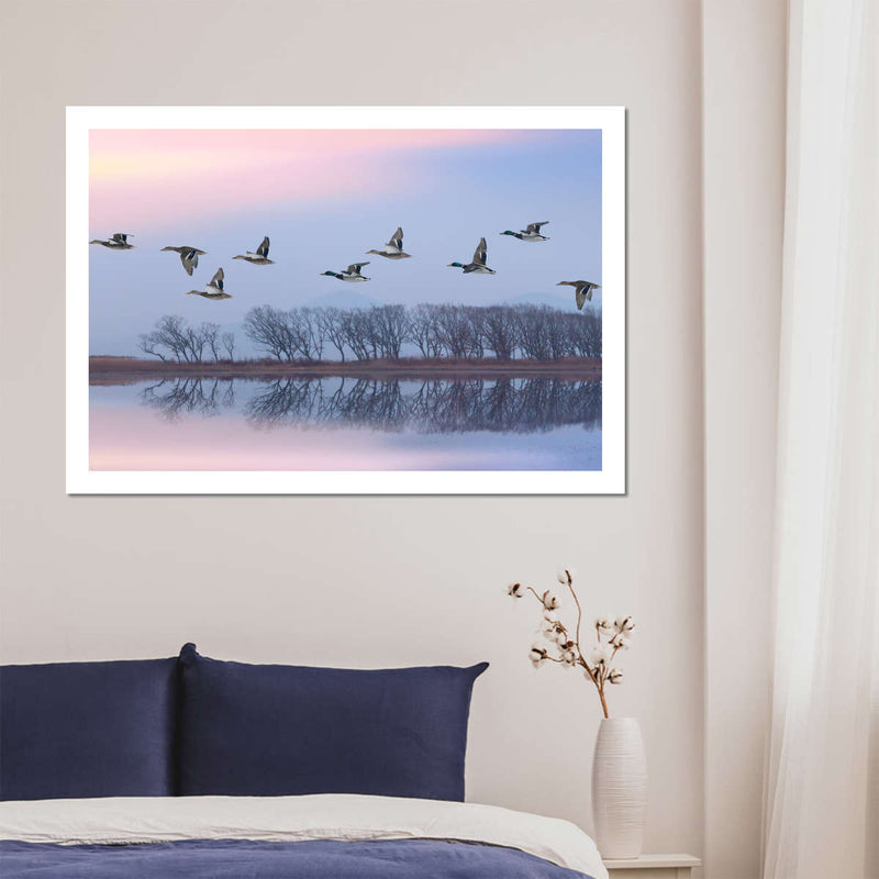 Pink Sky Over Ducks Wall Art