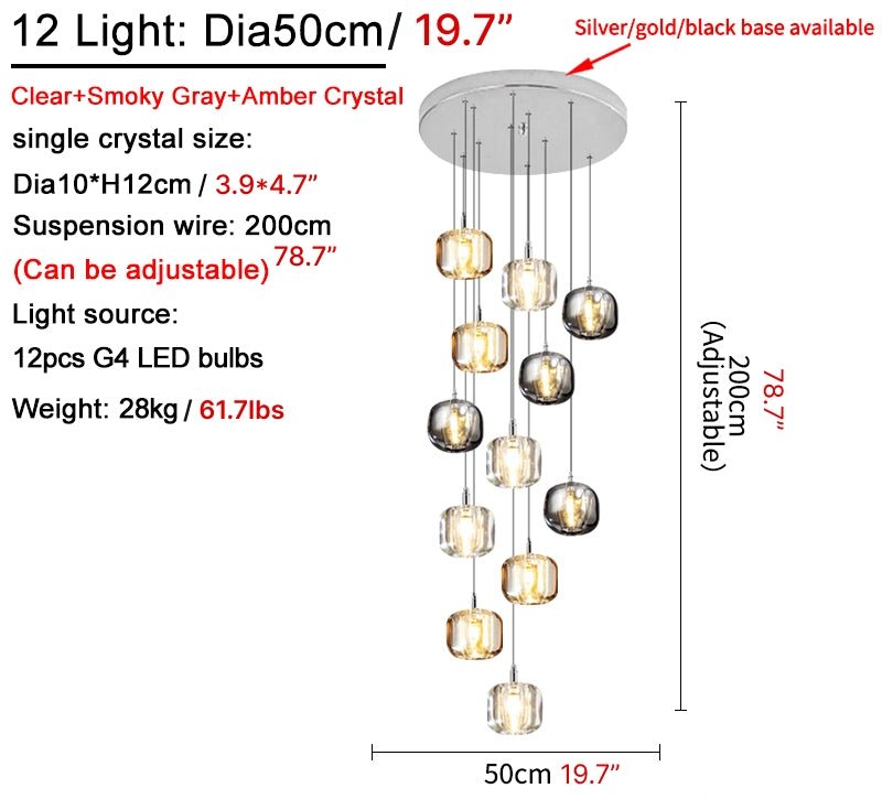 MIRODEMI® Amber/Smoke Gray/Clear Crystal Staircase Hanging Lamp For Stairwell