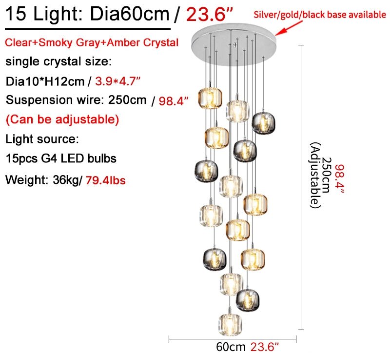 MIRODEMI® Amber/Smoke Gray/Clear Crystal Staircase Hanging Lamp For Stairwell