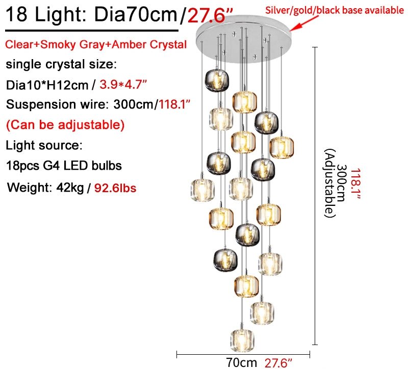 MIRODEMI® Amber/Smoke Gray/Clear Crystal Staircase Hanging Lamp For Stairwell