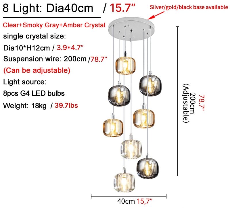 MIRODEMI® Amber/Smoke Gray/Clear Crystal Staircase Hanging Lamp For Stairwell