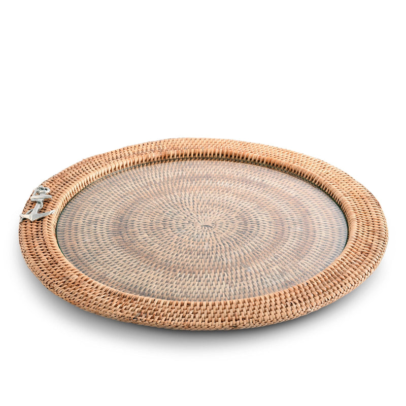 Anchor Round Serving Tray Hand Woven Wicker Rattan - Glass Insert