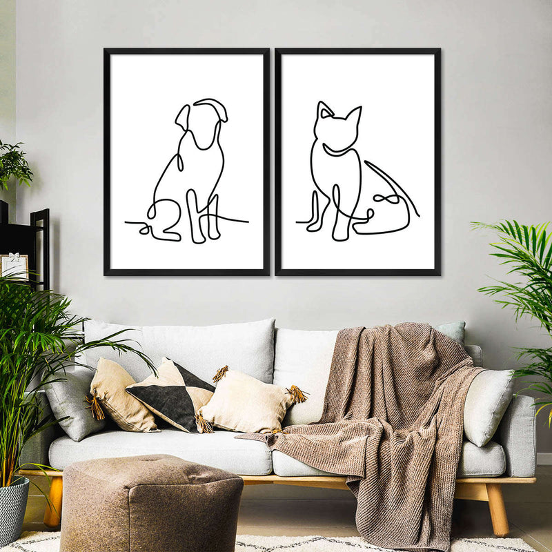 One Line Dog And Cat Wall Art