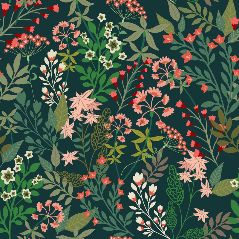 Green Wallpaper with Wildflowers