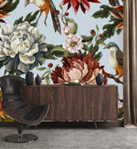 Blue Wallpaper with Flowers and Birds