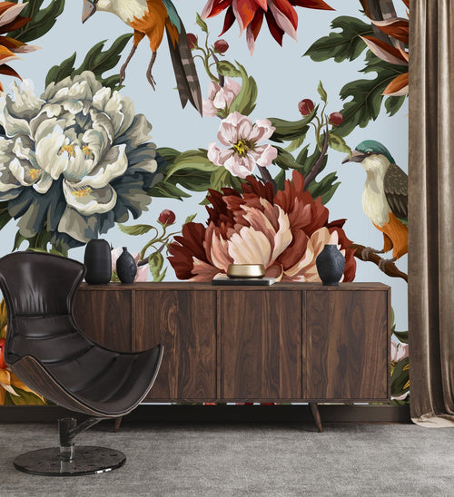 Blue Wallpaper with Flowers and Birds