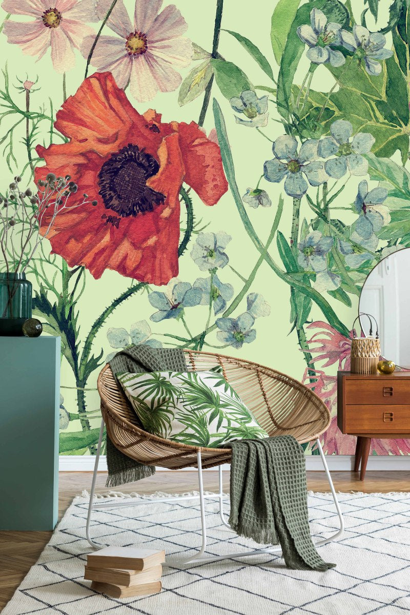 Green Wallpaper with Poppies