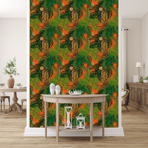 Orange Wallpaper with Exotic Leaves