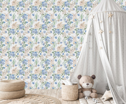 Fashionable Hares between Flowers Wallpaper Smart High-Quality
