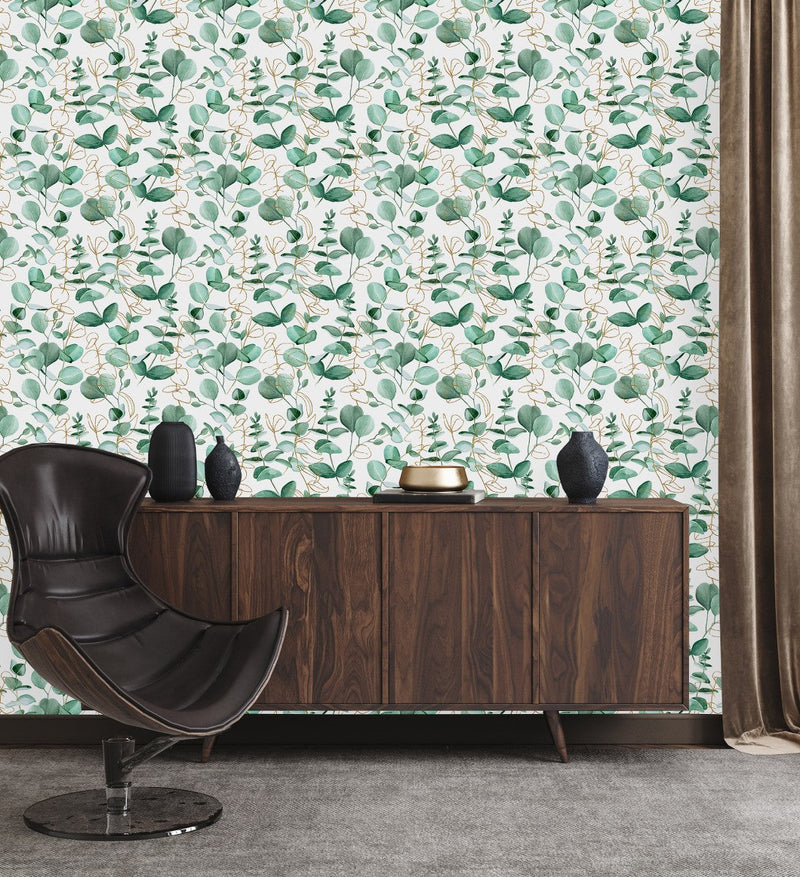 Green Leaves and Gold Contours Wallpaper