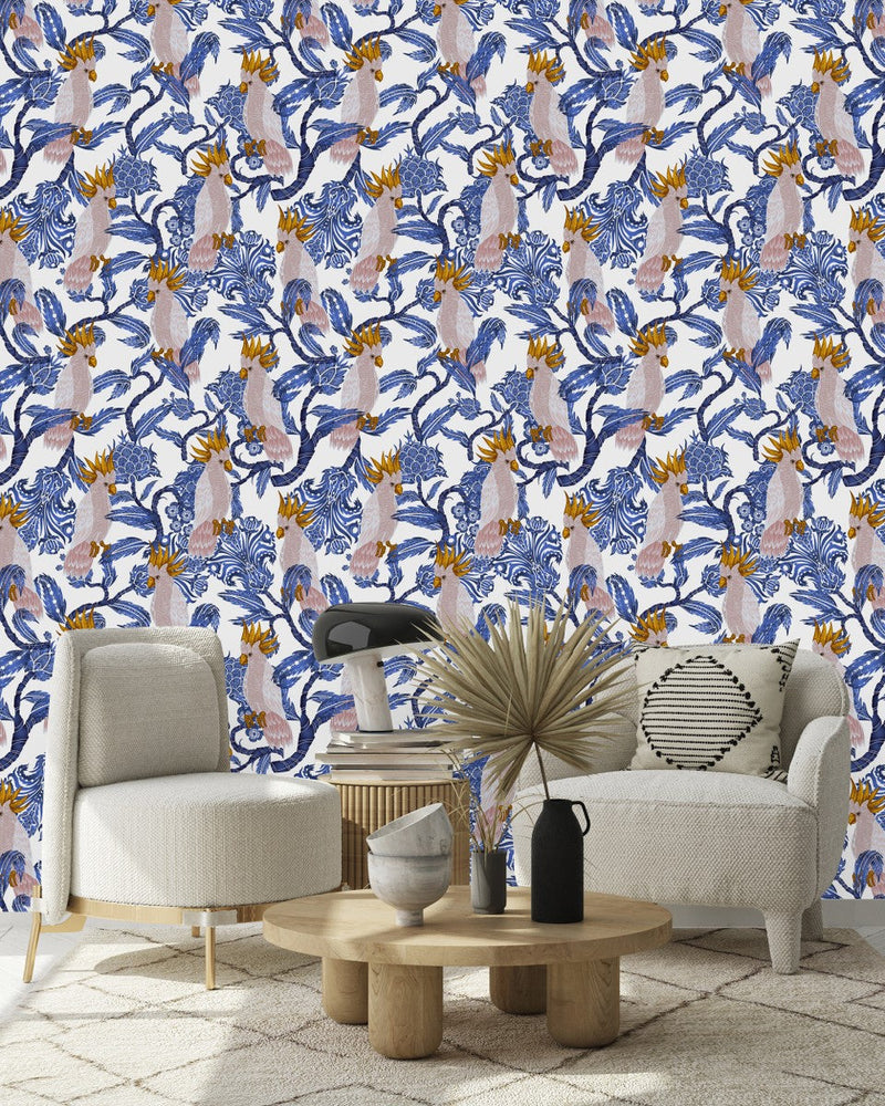 Blue Pattern with Parrots Wallpaper