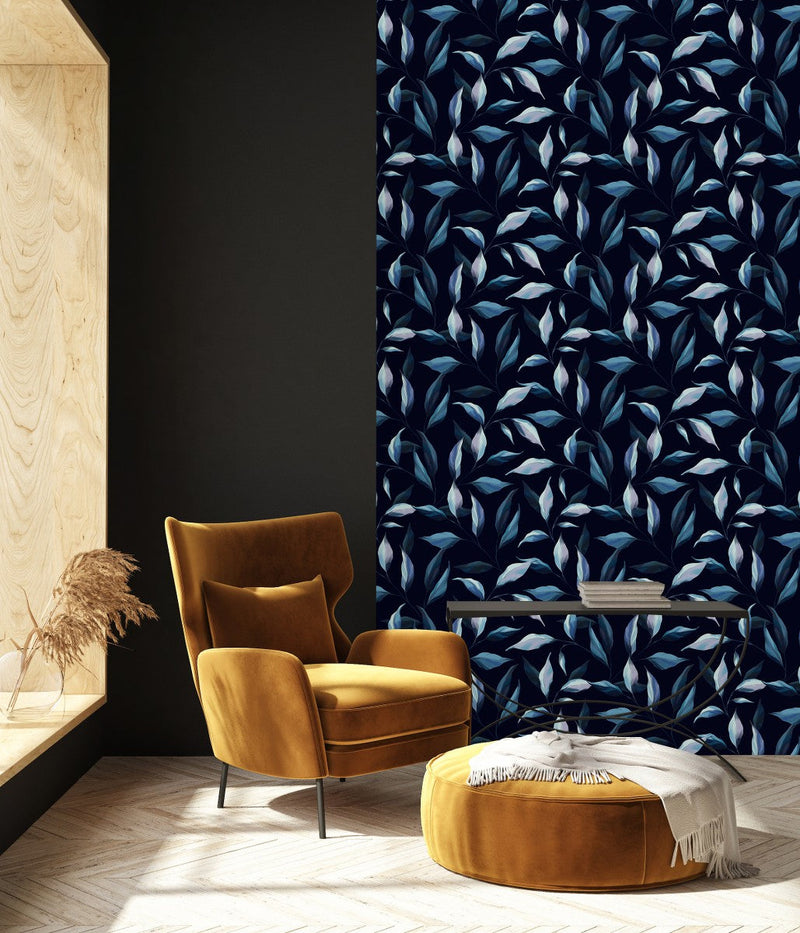 Dark Blue Wallpaper with Leaves Design