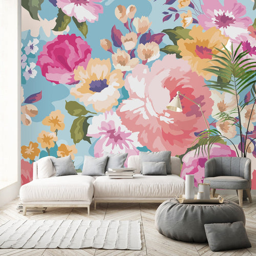 Blue Wallpaper with Flowers Pattern