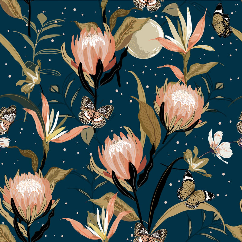 Blue Wallpaper with Exotic Flowers