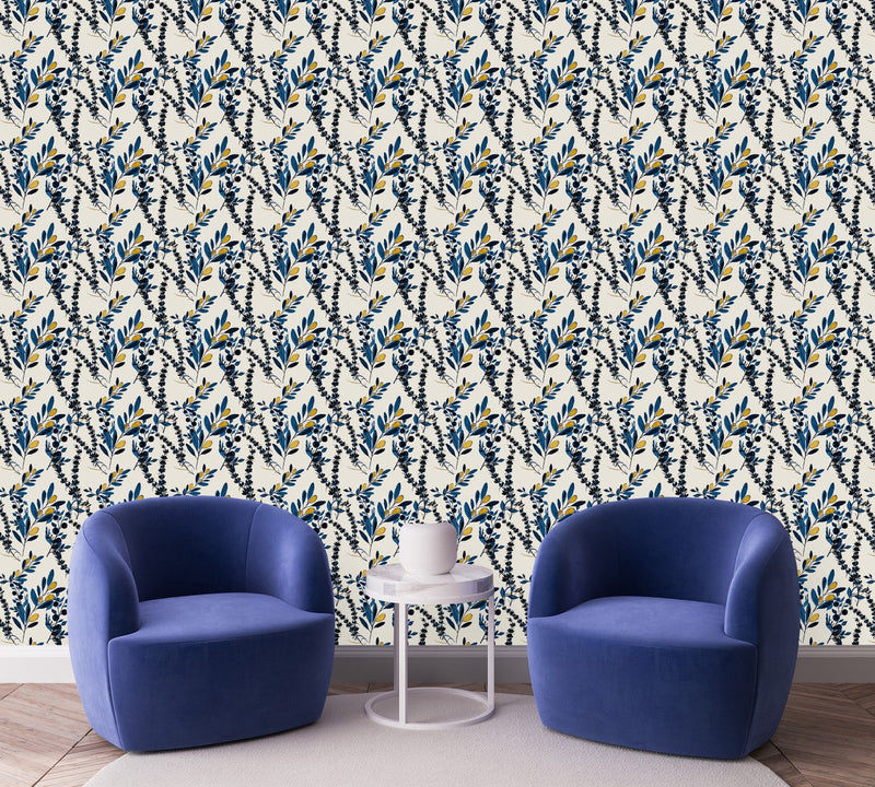 Dark Blue Leaves and Berries Wallpaper