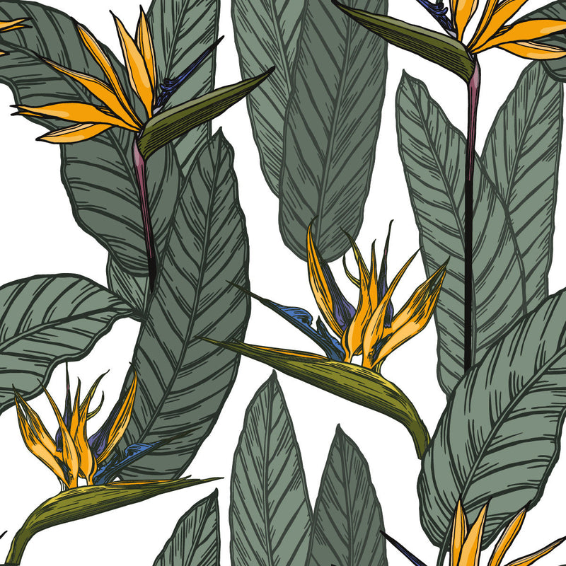 Palm Leaves with Exotic Flowers Wallpaper