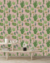 Beige Wallpaper with Cactus Pattern