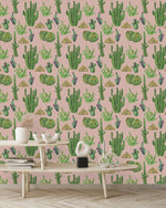 Beige Wallpaper with Cactus Pattern