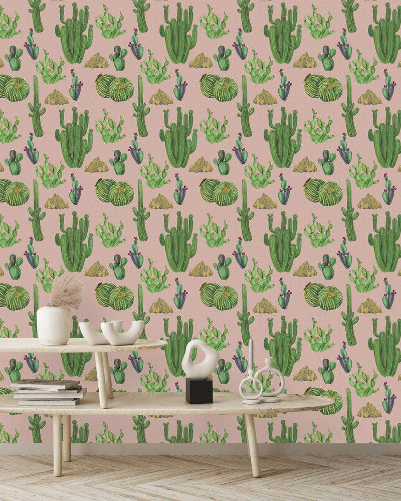 Beige Wallpaper with Cactus Pattern