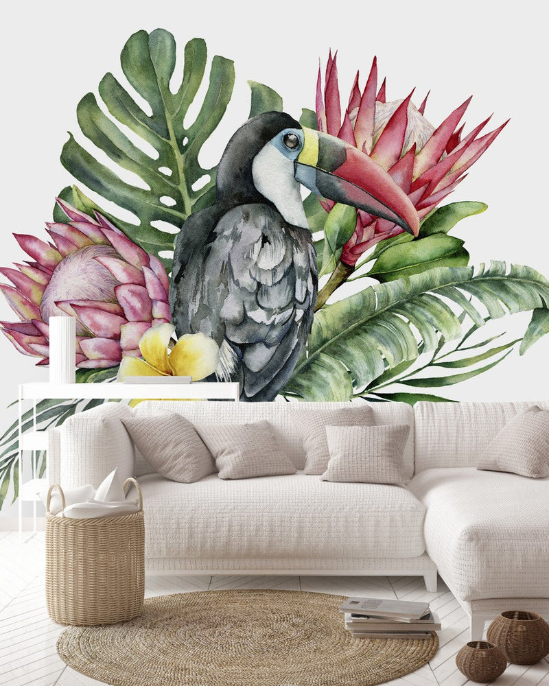 Exotic Flowers and Bird Wallpaper