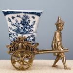 Lovecup BRONZE RICKSAW MAN WITH PORCELAIN PLANTER-BLUE AND WHITE L173
