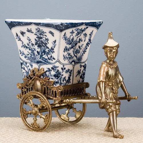 Lovecup BRONZE RICKSAW MAN WITH PORCELAIN PLANTER-BLUE AND WHITE L173