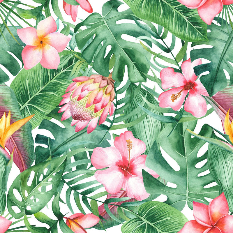 Pink Flowers with Palm Leaves Wallpaper