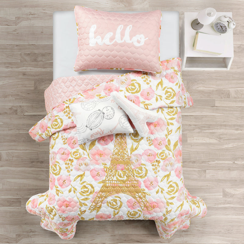 Watercolor Rose Paris Glitter Reversible Quilt Set