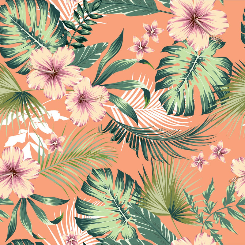 Orange Wallpaper with Exotic Flowers