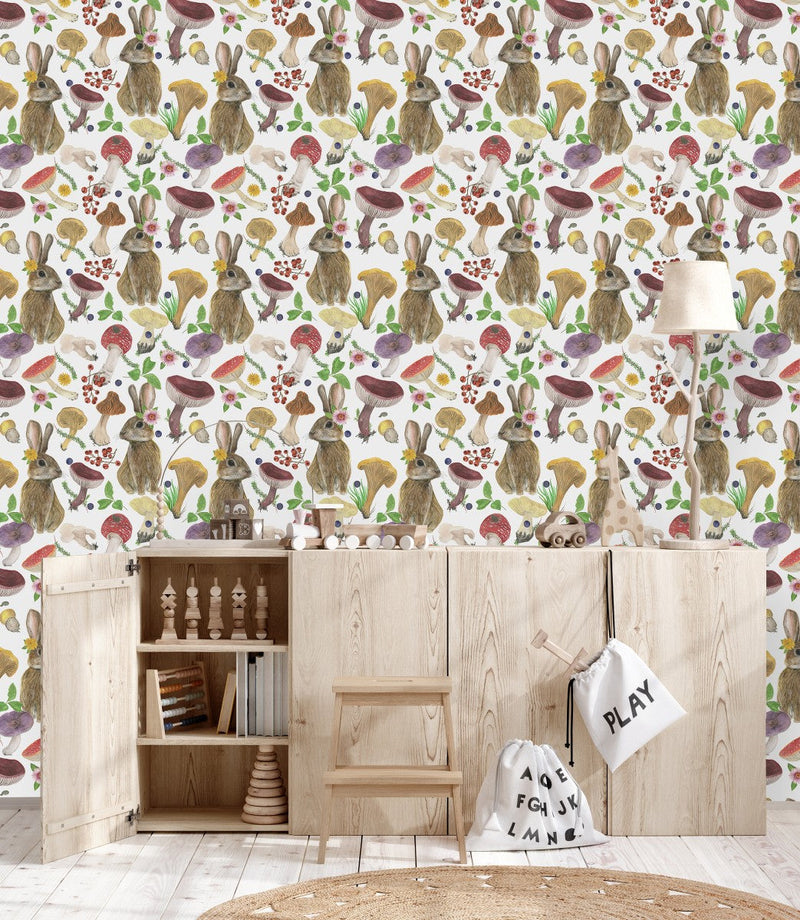 Hares and Mushrooms Wallpaper