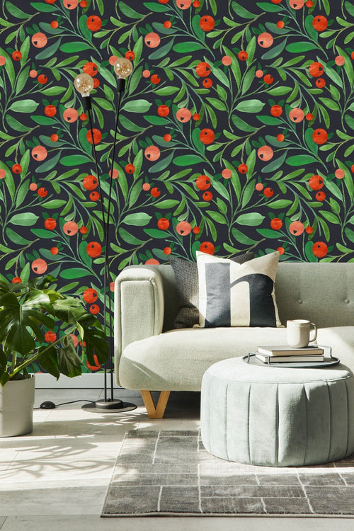 Elegant Green Leaves with Berries Wallpaper Tasteful