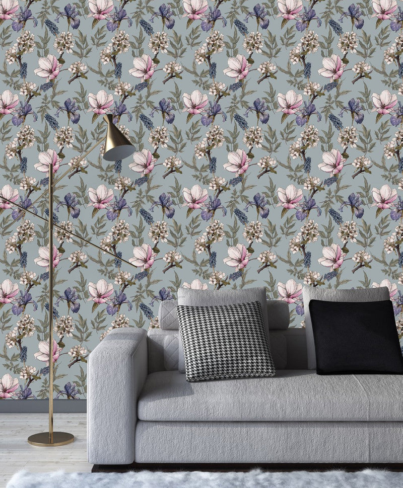 Irises on Grey Wallpaper