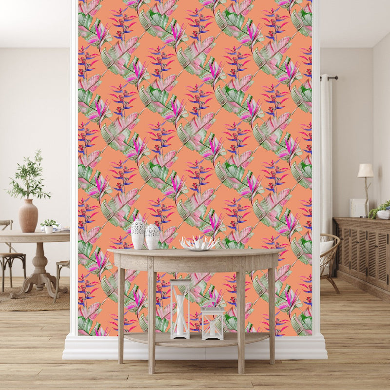 Brightly Orange Wallpaper with Palm Leaves