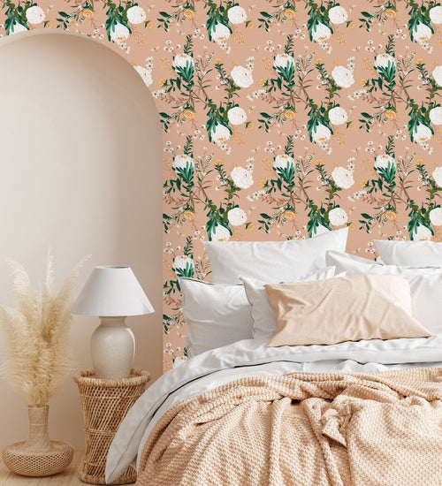 White Flowers on Orange Wallpaper