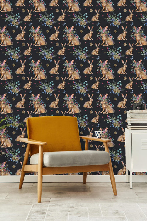 Hares and Botanical Bouquet Wallpaper