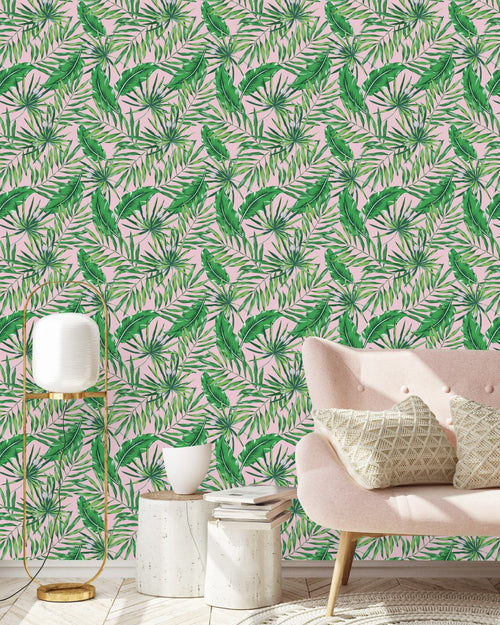 Pink Wallpaper with Palm Leaves