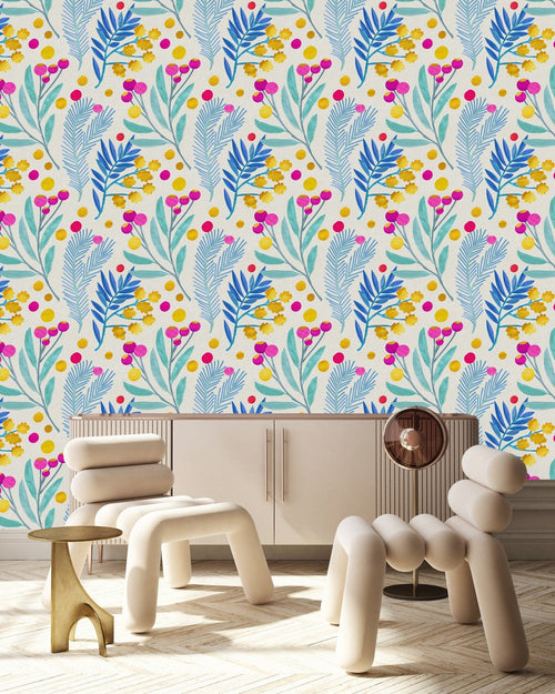 Contemporary Blue Leaves and Berries Wallpaper Smart