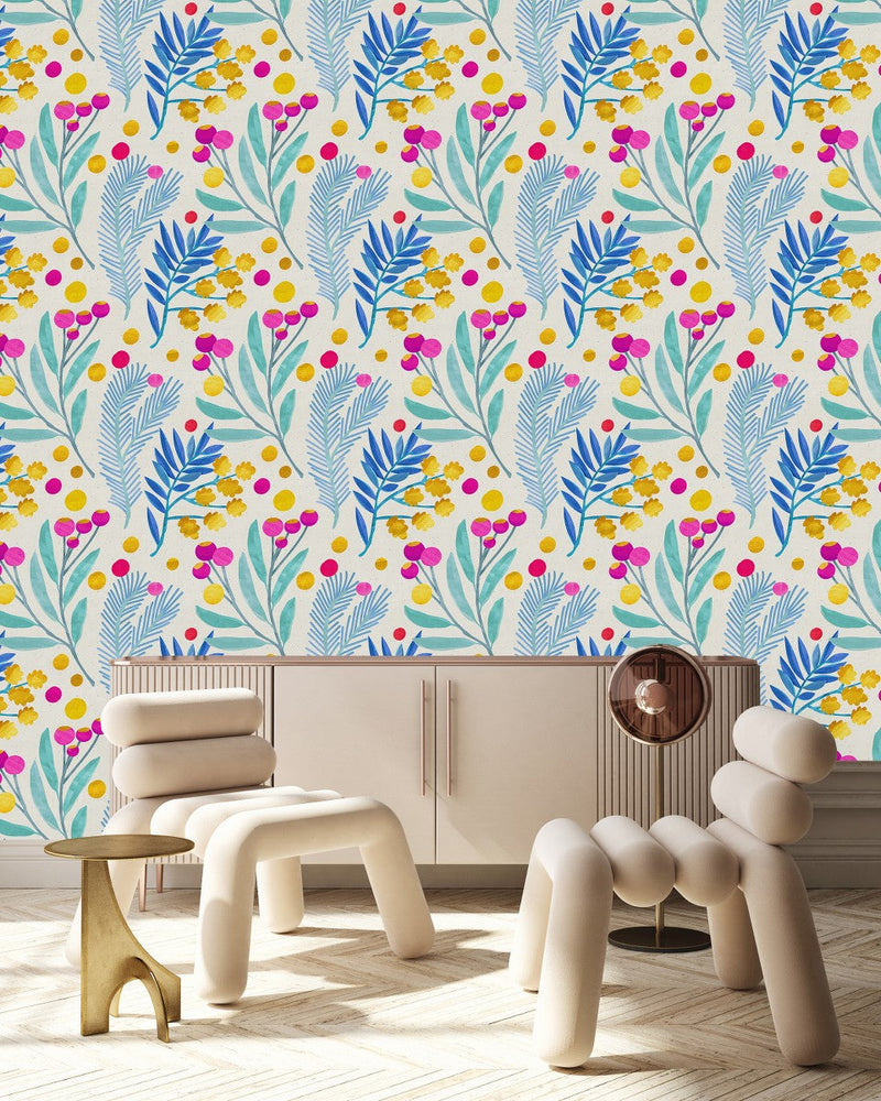 Contemporary Blue Leaves and Berries Wallpaper Smart
