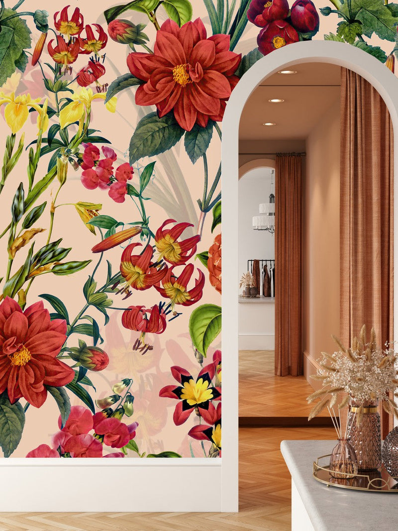 Beige Wallpaper with Red Flowers Lovecup
