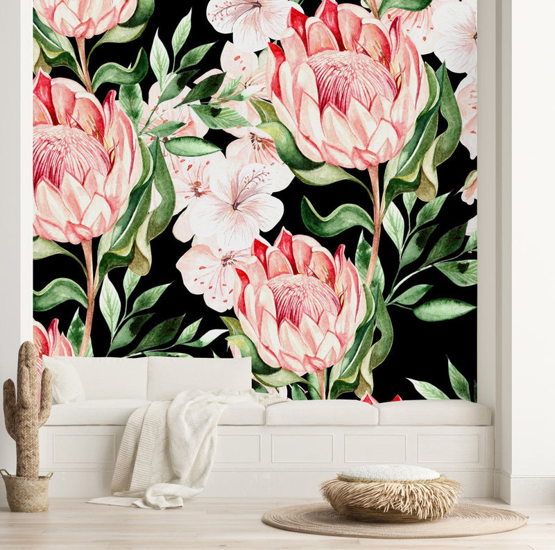Contemporary Modern Dark Wallpaper with Protea
