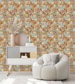 Beige Floral Wallpaper with Birds
