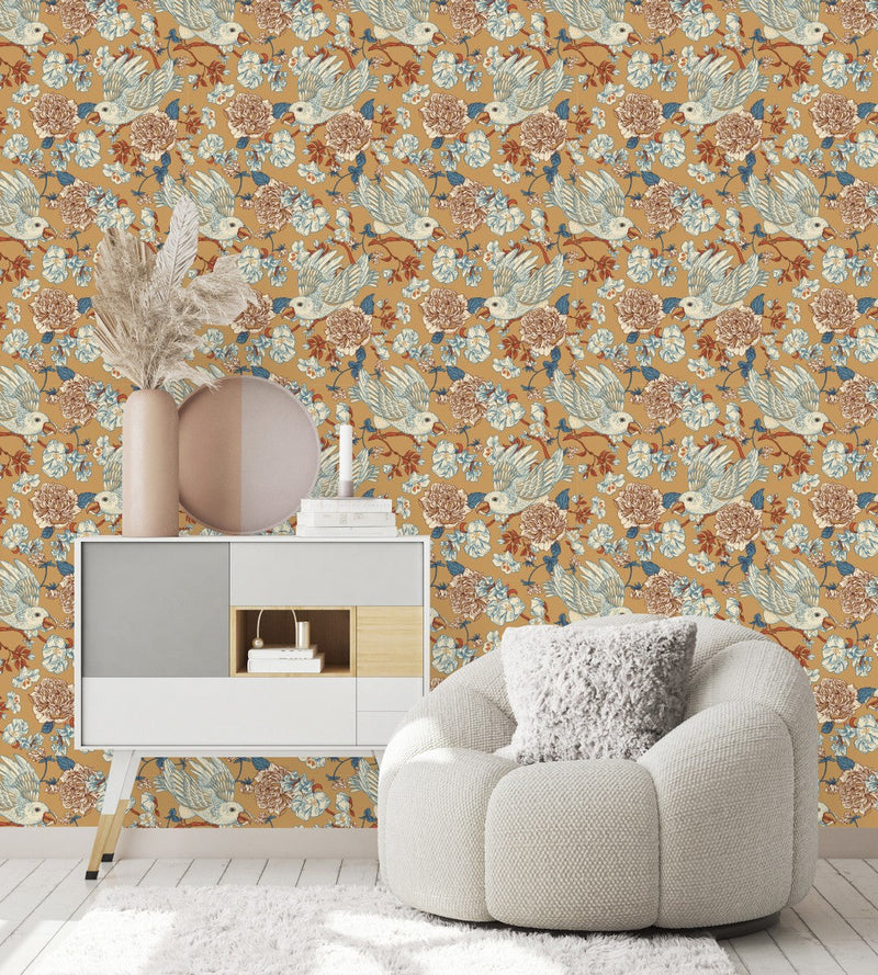 Beige Floral Wallpaper with Birds