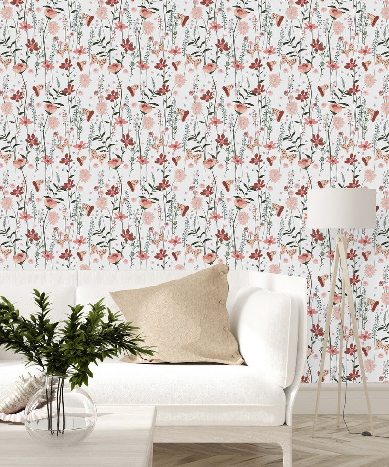 Contemporary White Wallpaper with Pink Flowers Chic