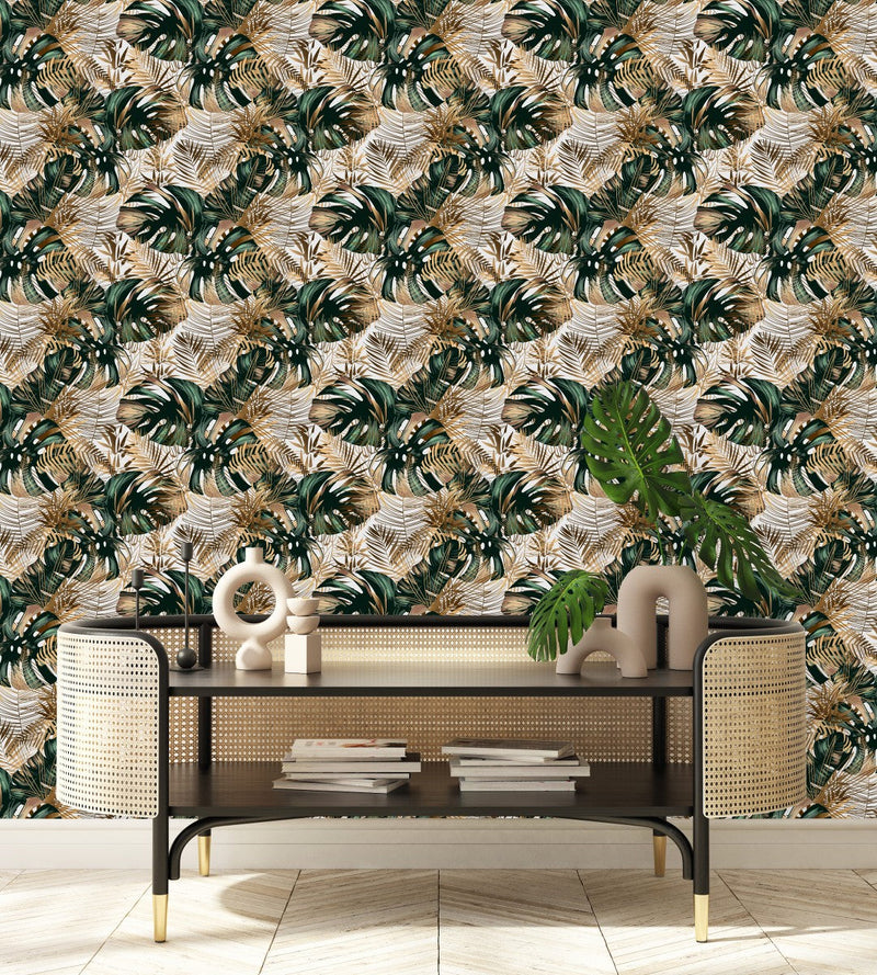 Gold and Green Monstera Leaves Wallpaper