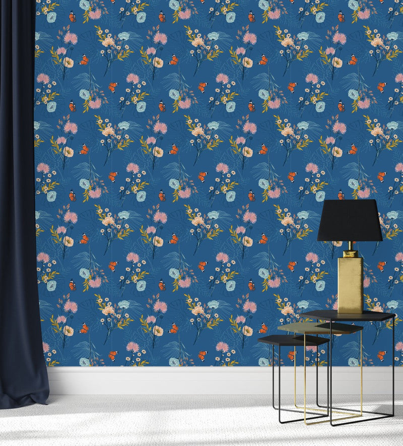 Contemporary Blue Floral Wallpaper with Butterflies Chic
