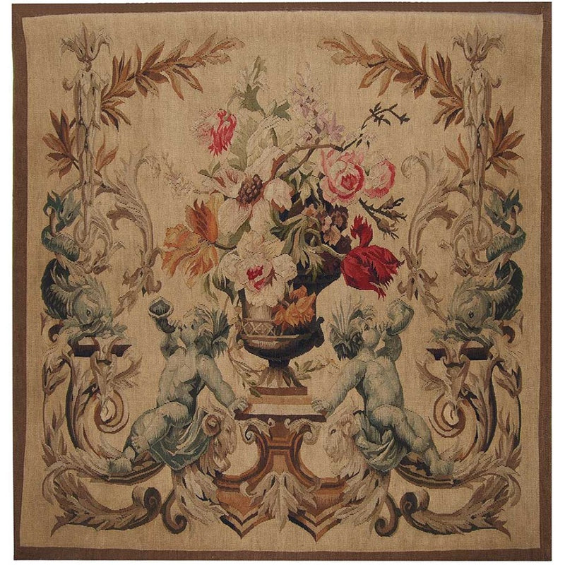 36" x 36" Hand woven aubusson tapestry with backing and rod pocket.