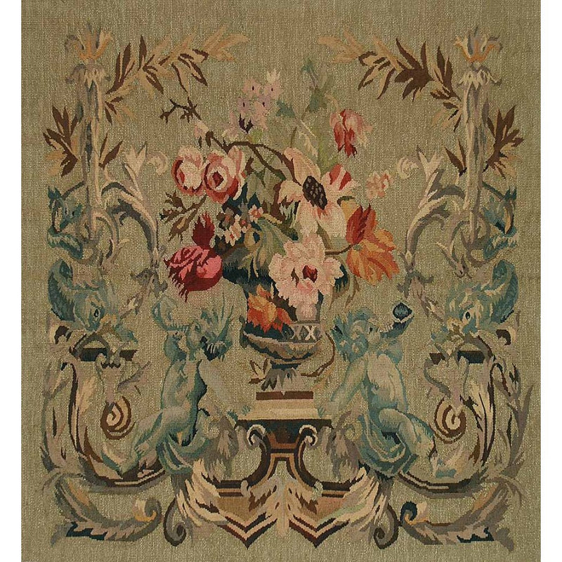 36" X 36" Hand woven aubusson tapestry with backing and rod pocket.  100% wool weave.