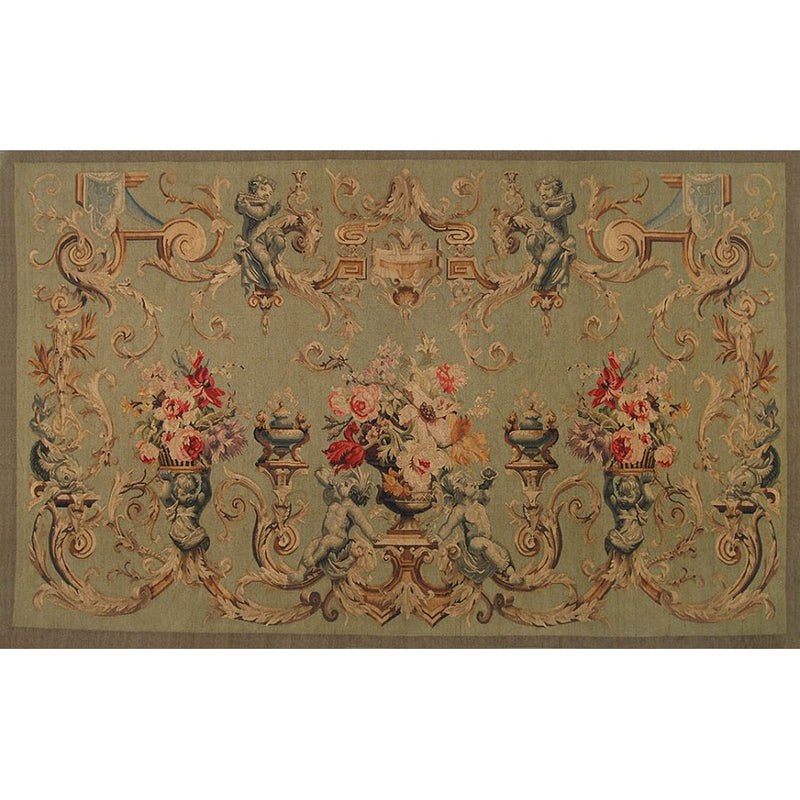 48" x 72" Hand woven aubusson tapestry with backing and rod pocket.