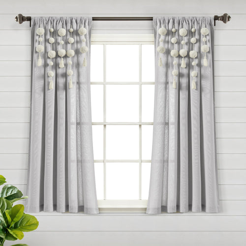 Boho Pom Pom Tassel Faux Linen Window Curtain Panel